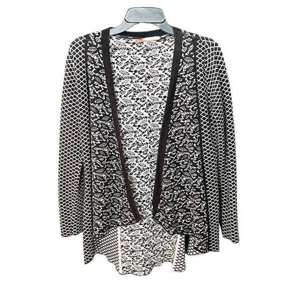 Belldini draped open front cardigan long sleeve cotton blend SZ M black white - Picture 1 of 9